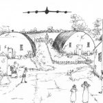 A pencil hand drawing of a plane flying over Greenham Common with people looking in horror underneath