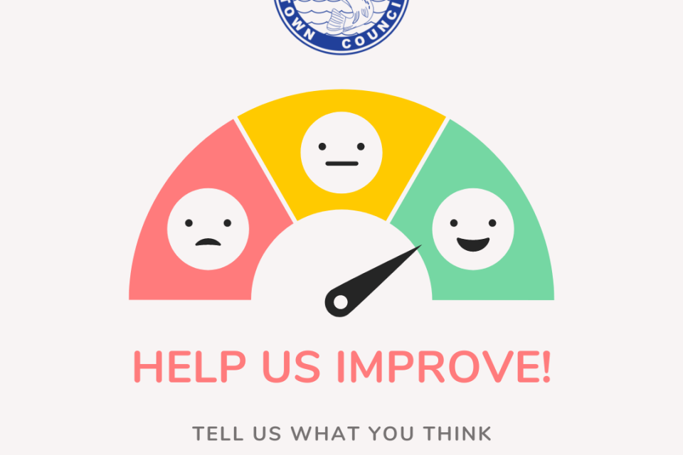 A scale of red-green with sad to happy faces.Underneath reads Help Us improve. Tell us what you think.
