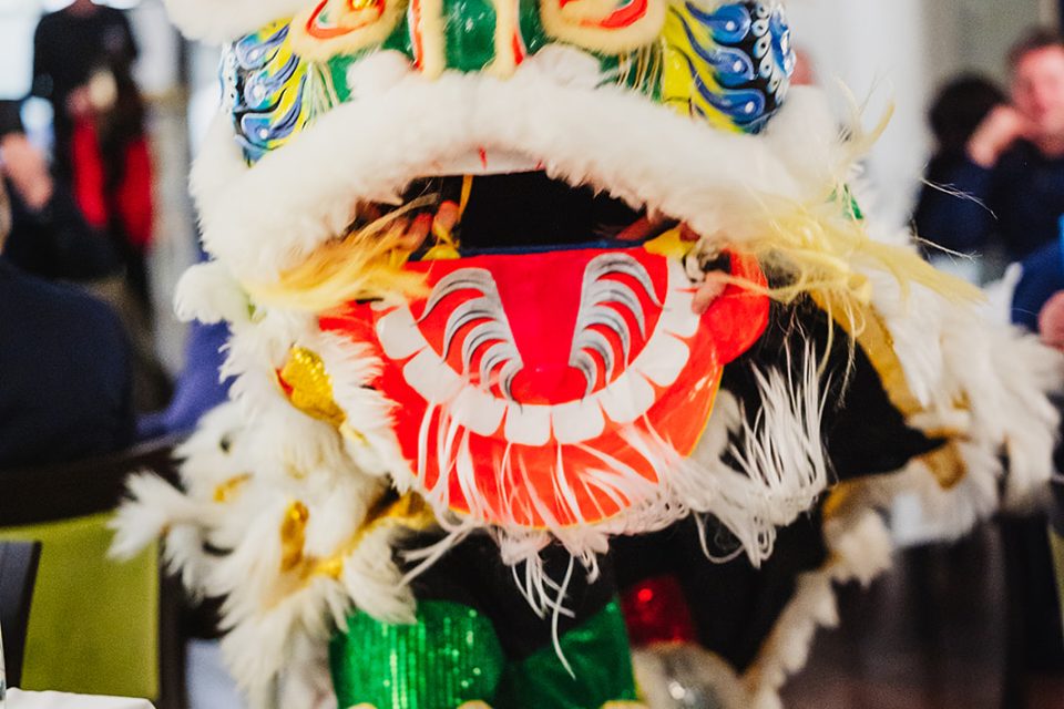 This image shows a vibrant lion dance costume, often used in traditional Chinese celebrations, particularly during Lunar New Year. The costume features intricate details, including colourful patterns, fur trims, and reflective materials. The lion’s head is adorned with bold colours such as red, green, blue, and gold, with prominent eyes and a wide, smiling mouth.