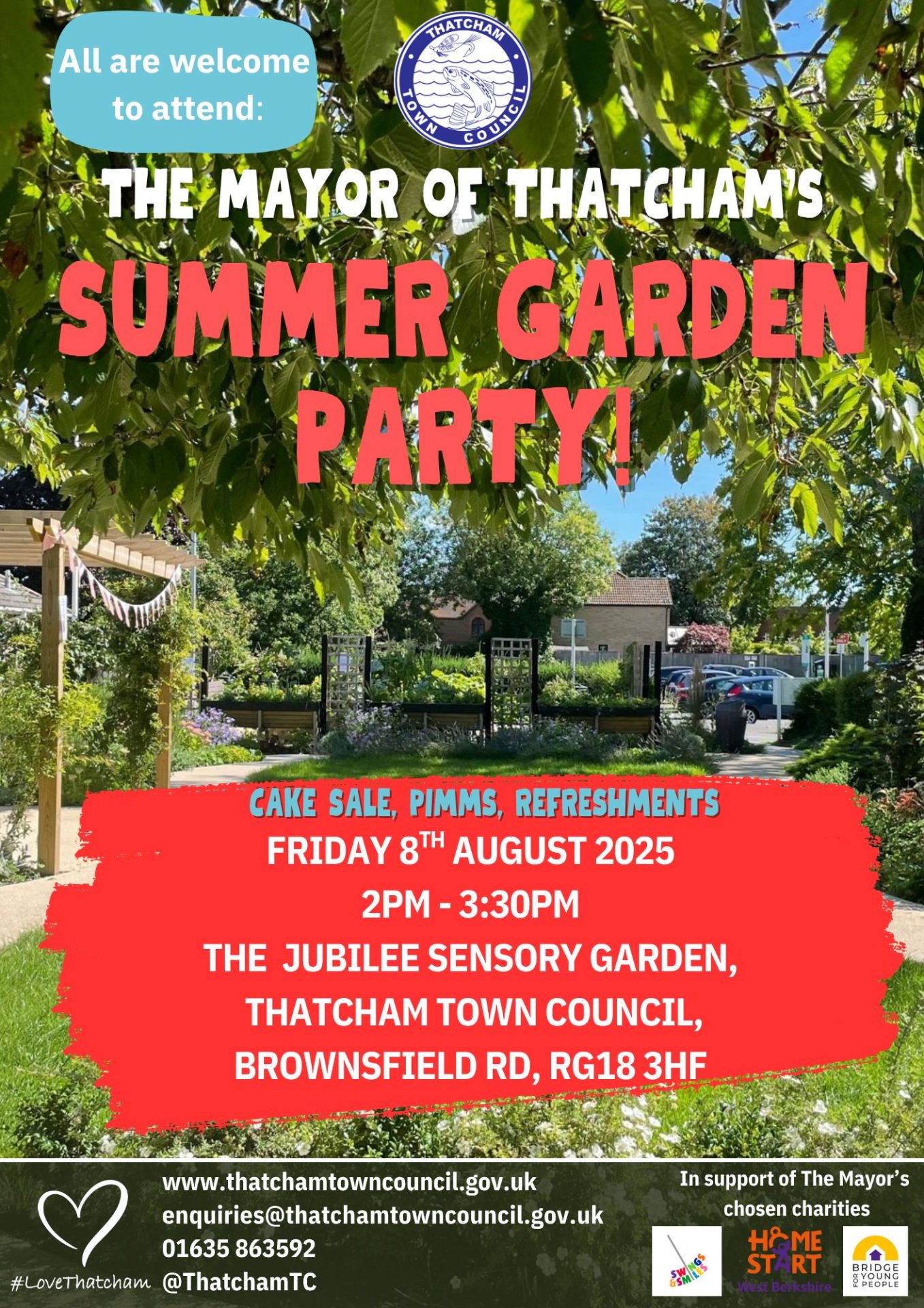 A poster advertising the mayor of thatcham's 2025 garden party