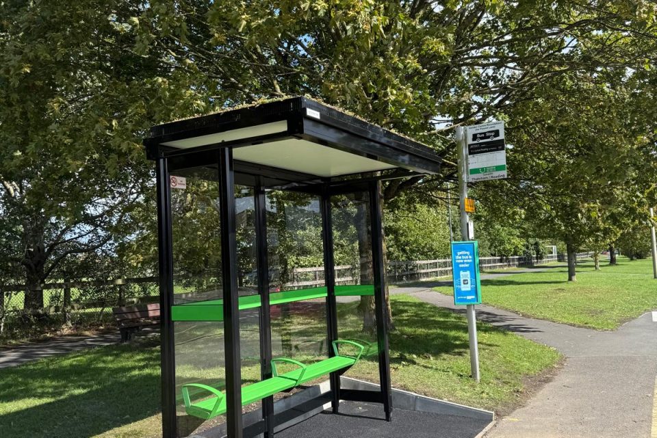 A green roof bus shelter outside Henwick Worthy Sports Field