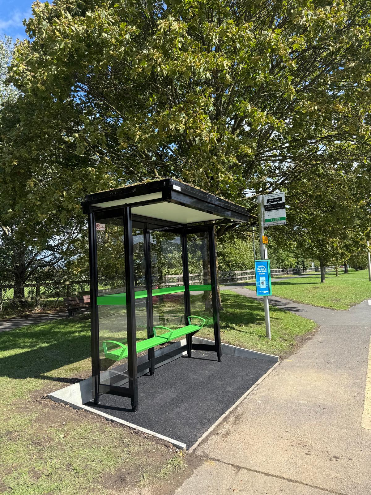 A green roof bus shelter outside Henwick Worthy Sports Field